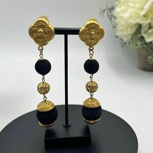 Victorian Design Black Felt Velvet Gold Ornate Filigree‎ Clip on Long Earrings